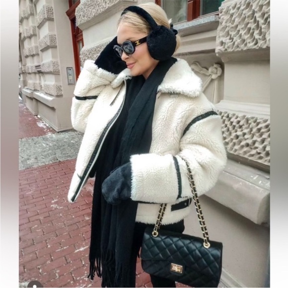 ZARA Ivory Cream White Faux Fur Shearling Sherpa Faux Leather Moto Jacket - Picture 3 of 10